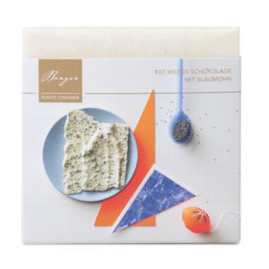 Weiße Schokolade mit karamellisiertem Blaumohn, Confiserie Berger
